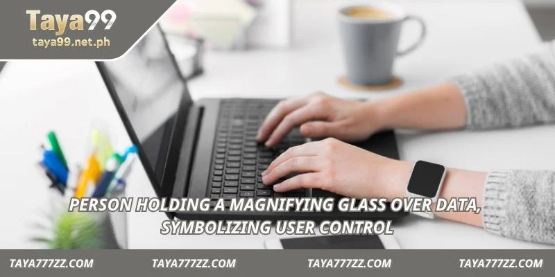 Person holding a magnifying glass over data, symbolizing user control